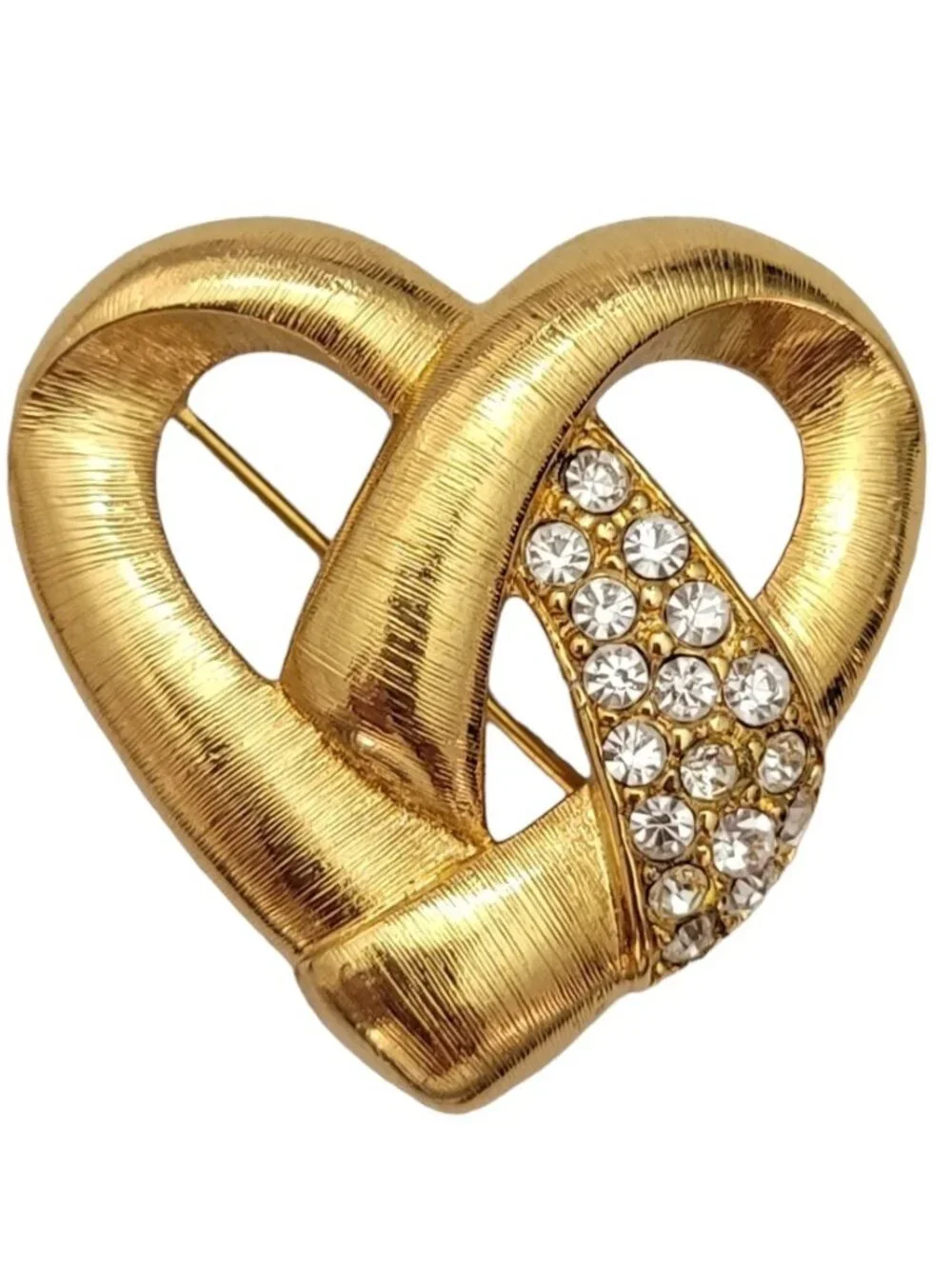 Monet Brushed Gold Tone Clear Rhinestone Vintage Open Heart Brooch, Signed E263
